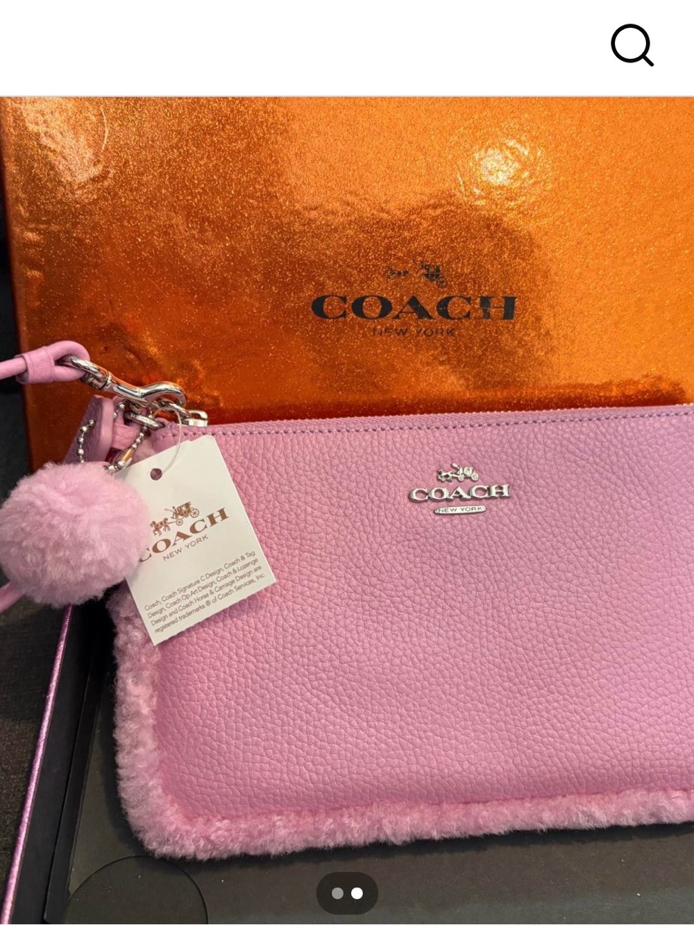 Coach Pink Shearling-Trim Wristlet Pouch